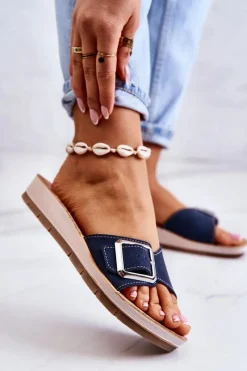 New INBLU Modne Damskie Klapki Ze Sprzączką CP000031 Granatowe