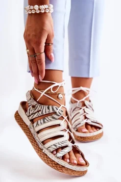 Maciejka Modne Damskie Skórzane Sandały 05552-04 Beżowo-Czarne