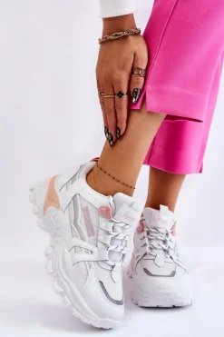 Sneakersy Damskie>Boto Modne Damskie Sneakersy Na Platformie Biało-Różowe Biko