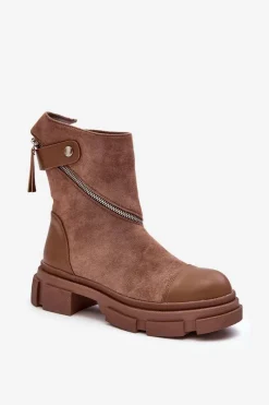 New Boto Modne Damskie Zamszowe Botki Na Suwak Ciemnobeżowe Kandell Beżowy