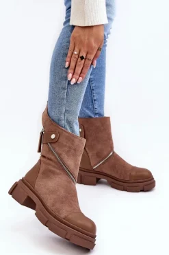 New Boto Modne Damskie Zamszowe Botki Na Suwak Ciemnobeżowe Kandell Beżowy