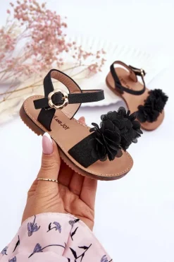 Discount Modne Dziecięce Sandały Z Kwiatami Czarne Poly Dzieci Dziewczęce