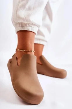 Outlet Modne Gumowe Chodaki Brązowe Meriko Damskie Sandały Gumowe|Klapki Damskie Klasyczne