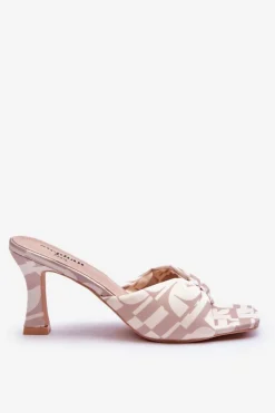 Outlet Modne Klapki Na Obcasie W Print Beżowe Floria Damskie Klapki Na Obcasie|Klapki Damskie Klasyczne