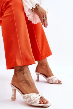 Outlet Modne Klapki Na Obcasie W Print Beżowe Floria Damskie Klapki Na Obcasie|Klapki Damskie Klasyczne