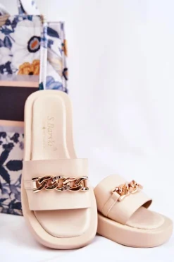 Klapki Damskie Klasyczne>Damskie buty S.Barski Modne Klapki Z Łańcuchem Beżowe Megosa