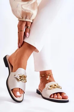 Clearance Modne Klapki Z Łańcuchem Na Płaskim Obcasie Złote Finess Damskie Klapki Damskie Klasyczne