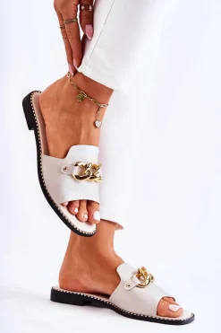 Clearance Modne Klapki Z Łańcuchem Na Płaskim Obcasie Złote Finess Damskie Klapki Damskie Klasyczne