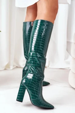 Discount Modne Kozaki Na Słupku Zielone Constancy Damskie Kozaki Wiosenne|Kozaki Przed Kolano