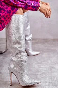 Modne Kozaki Na Szpilce Z Cyrkoniami Srebrne Lovisa Damskie Kozaki Ocieplane|Kozaki Na Szpilce