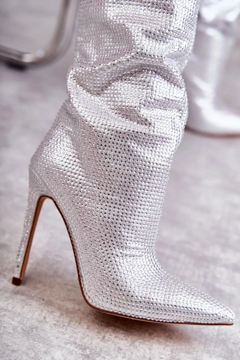 Modne Kozaki Na Szpilce Z Cyrkoniami Srebrne Lovisa Damskie Kozaki Ocieplane|Kozaki Na Szpilce