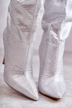 Modne Kozaki Na Szpilce Z Cyrkoniami Srebrne Lovisa Damskie Kozaki Ocieplane|Kozaki Na Szpilce