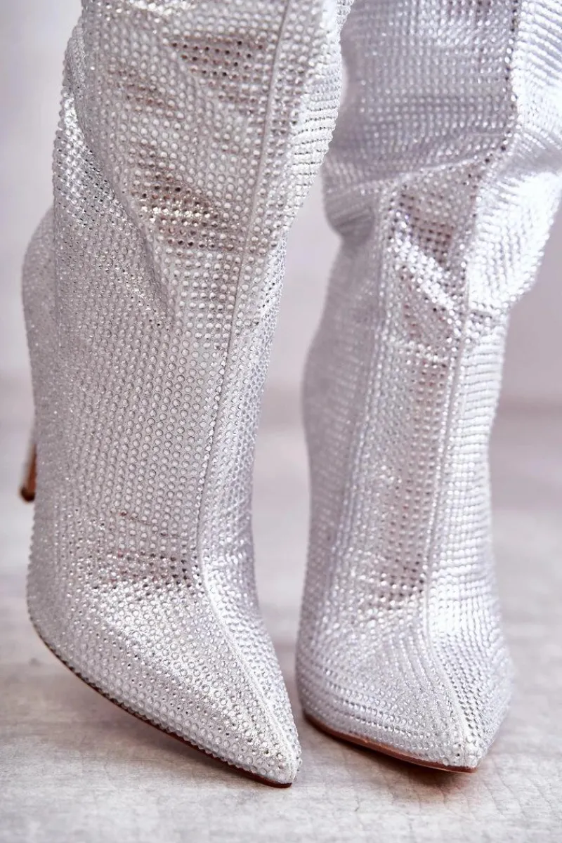 Modne Kozaki Na Szpilce Z Cyrkoniami Srebrne Lovisa Damskie Kozaki Ocieplane|Kozaki Na Szpilce