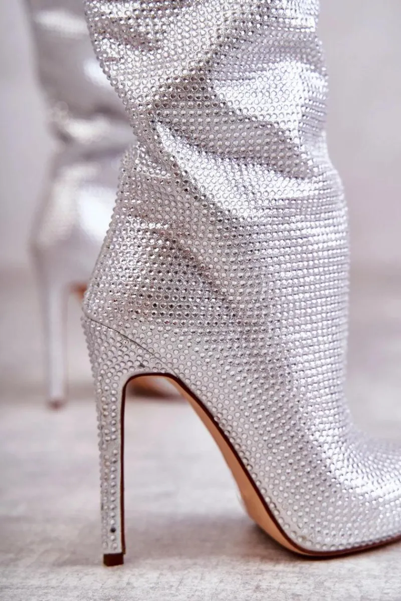 Modne Kozaki Na Szpilce Z Cyrkoniami Srebrne Lovisa Damskie Kozaki Ocieplane|Kozaki Na Szpilce