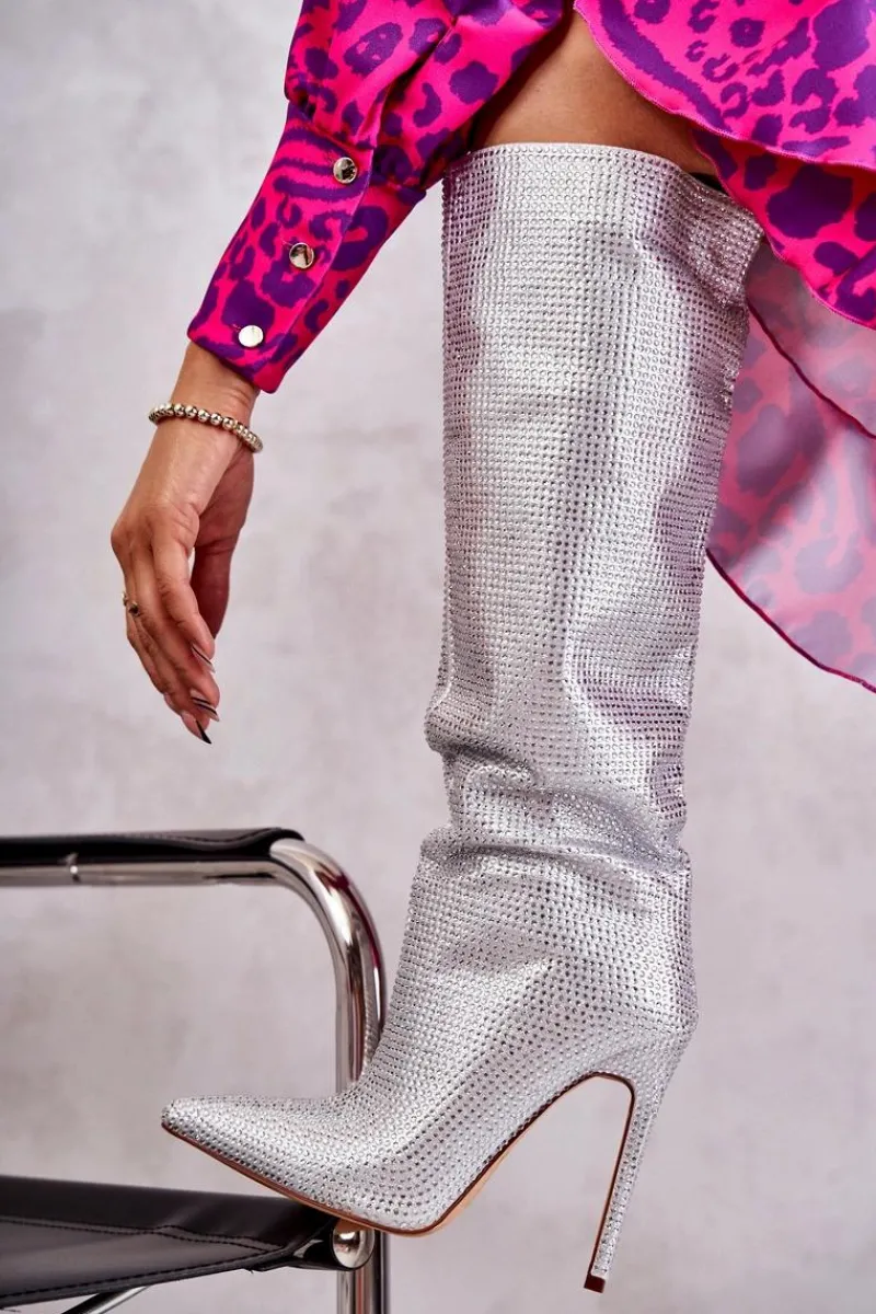 Modne Kozaki Na Szpilce Z Cyrkoniami Srebrne Lovisa Damskie Kozaki Ocieplane|Kozaki Na Szpilce