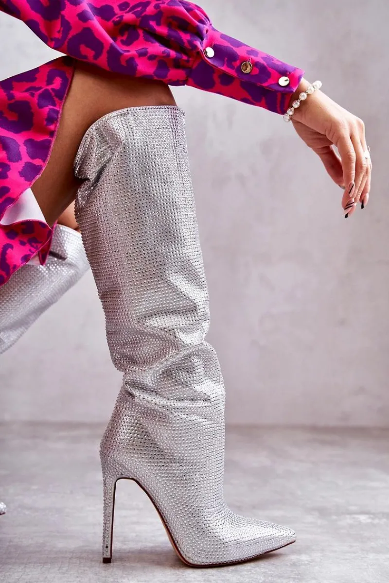 Modne Kozaki Na Szpilce Z Cyrkoniami Srebrne Lovisa Damskie Kozaki Ocieplane|Kozaki Na Szpilce