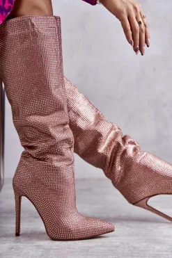 Best Boto Modne Kozaki Na Szpilce Z Cyrkoniami Różowe Lovisa Różowy