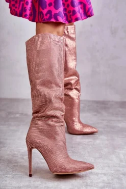 Best Boto Modne Kozaki Na Szpilce Z Cyrkoniami Różowe Lovisa Różowy