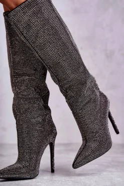 Clearance Boto Modne Kozaki Na Szpilce Z Cyrkoniami Czarne Lovisa