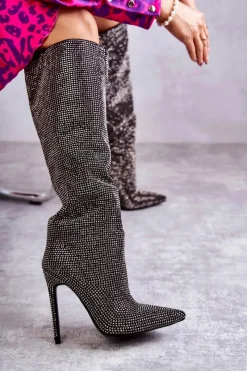 Clearance Boto Modne Kozaki Na Szpilce Z Cyrkoniami Czarne Lovisa