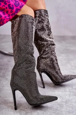 Clearance Boto Modne Kozaki Na Szpilce Z Cyrkoniami Czarne Lovisa