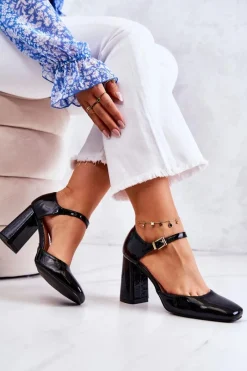 Clearance Boto Modne Lakierowane Czółenka Na Słupku Czarne Maoris