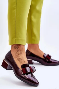 Discount Modne Lakierowane Czółenka Z Ozdobną Kokardą Bordowe Shira Damskie Czółenka Na Słupku|Czółenka Klasyczne