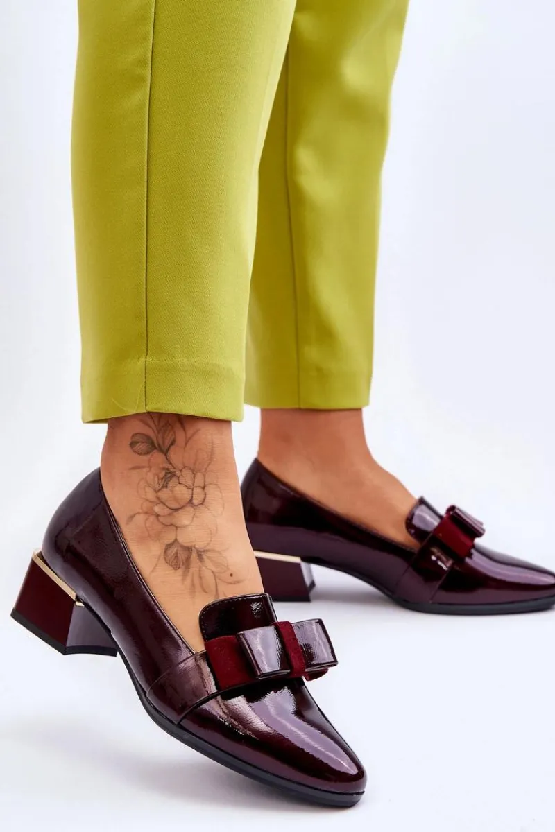 Discount Modne Lakierowane Czółenka Z Ozdobną Kokardą Bordowe Shira Damskie Czółenka Na Słupku|Czółenka Klasyczne