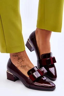 Discount Modne Lakierowane Czółenka Z Ozdobną Kokardą Bordowe Shira Damskie Czółenka Na Słupku|Czółenka Klasyczne