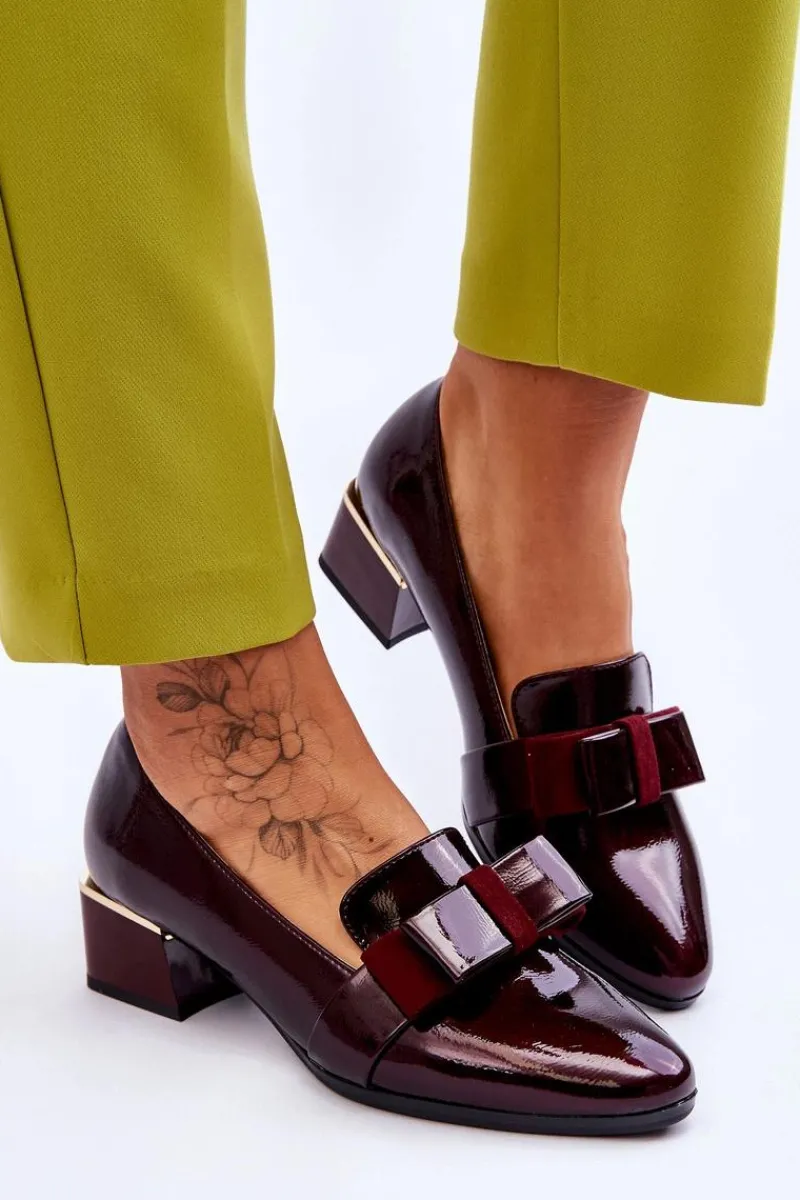 Discount Modne Lakierowane Czółenka Z Ozdobną Kokardą Bordowe Shira Damskie Czółenka Na Słupku|Czółenka Klasyczne