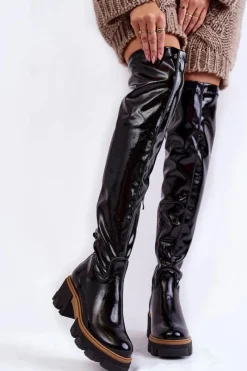Hot Boto Modne Lakierowane Damskie Kozaki Za Kolano Czarne Lemar Venise