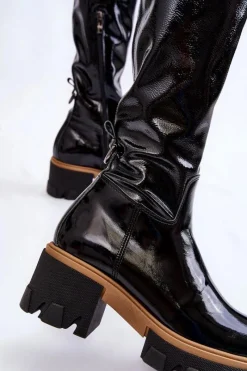 Modne Lakierowane Damskie Kozaki Przed Kolano Czarne Venise Damskie Kozaki Płaskie|Kozaki Przed Kolano