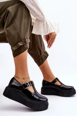 Zazoo Modne Lakierowane Półbuty Na Masywnej Platformie Czarne Colson