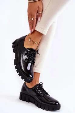 Buty damskie Vinceza Modne Lakierowane Półbuty Wiązane Czarne Gwendy