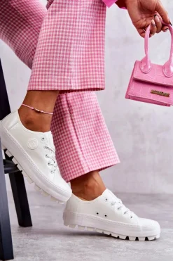 Hot Modne Lakierowane Trampki Big Star KK274045 Białe Damskie Trampki Damskie Big Star|Trampki Damskie Niskie