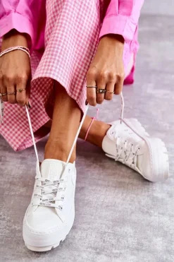 Hot Modne Lakierowane Trampki Big Star KK274045 Białe Damskie Trampki Damskie Big Star|Trampki Damskie Niskie