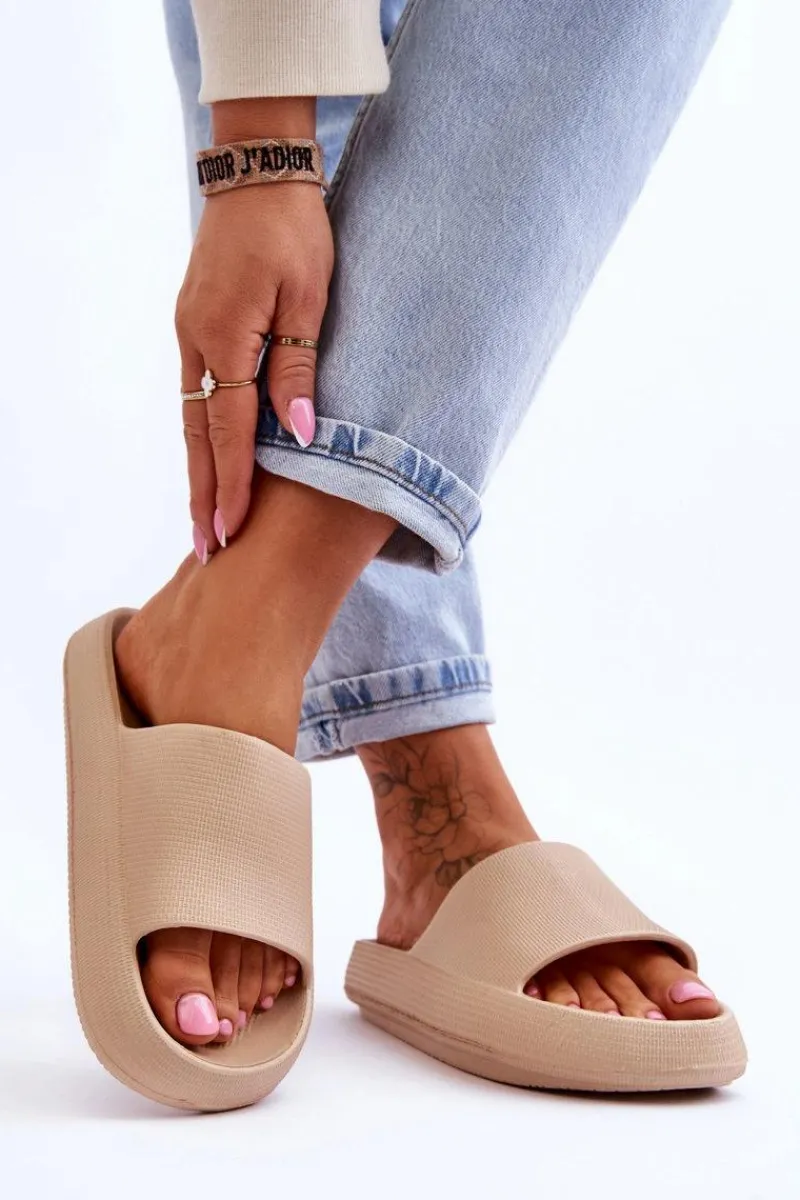 Discount Modne Lekkie Klapki Na Masywnej Podeszwie Beżowe Rebel Damskie Klapki Basenowe