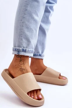 Discount Modne Lekkie Klapki Na Masywnej Podeszwie Beżowe Rebel Damskie Klapki Basenowe