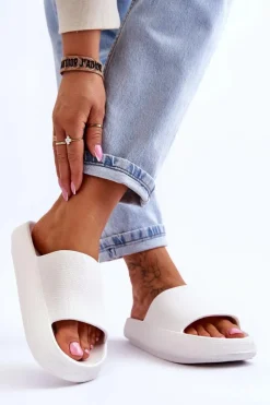 Outlet Modne Lekkie Klapki Na Masywnej Podeszwie Białe Rebel Damskie Klapki Basenowe