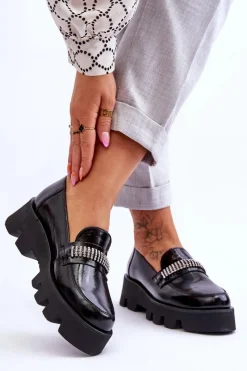 Loafersy Damskie|Mokasyny Płaskie>Laura Messi Modne Mokasyny Na Platformie Z Ozdobą 2600 Czarne