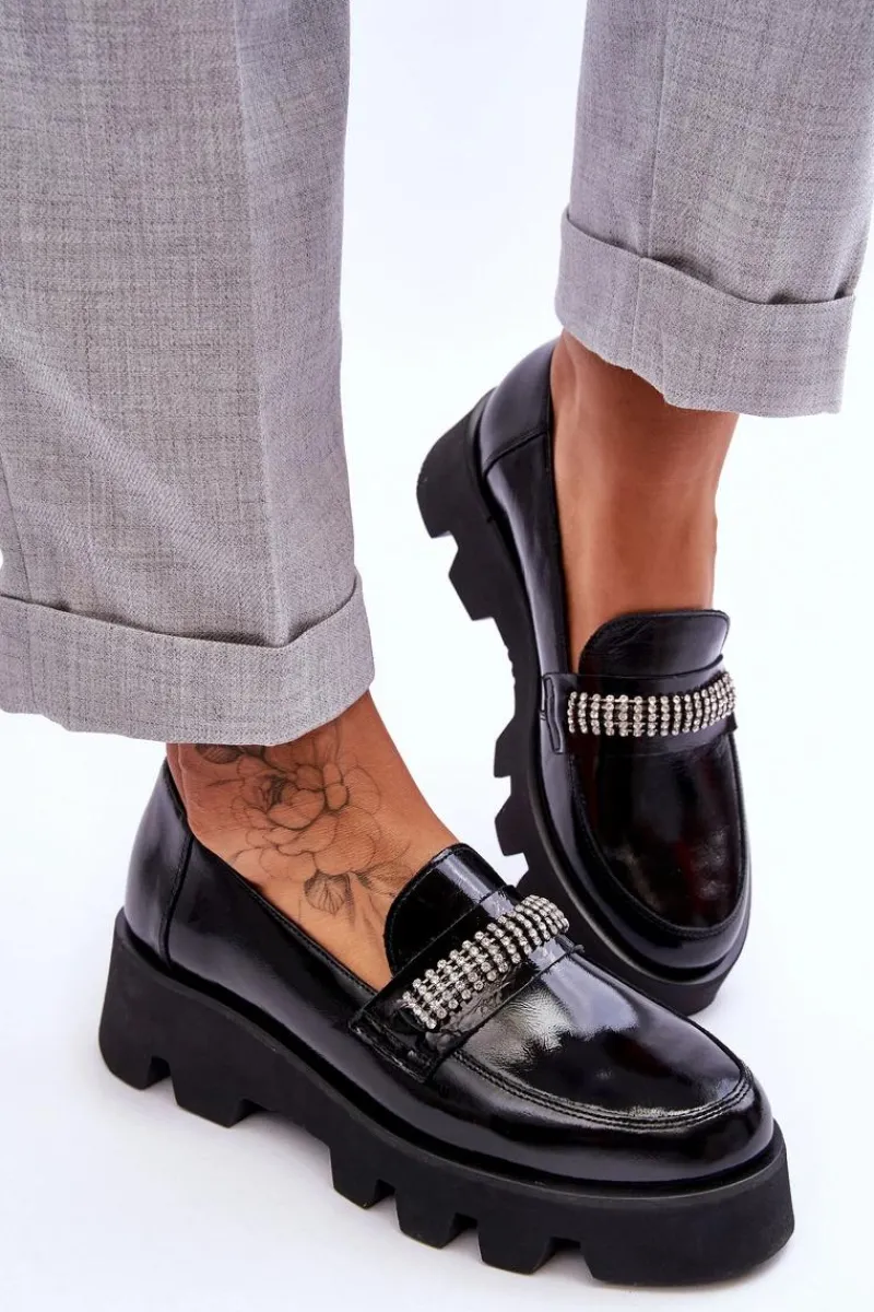 Loafersy Damskie|Mokasyny Płaskie>Laura Messi Modne Mokasyny Na Platformie Z Ozdobą 2600 Czarne
