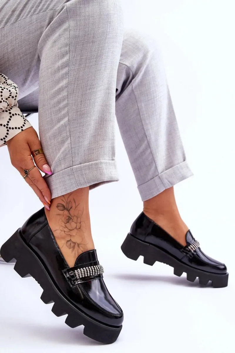 Loafersy Damskie|Mokasyny Płaskie>Laura Messi Modne Mokasyny Na Platformie Z Ozdobą 2600 Czarne