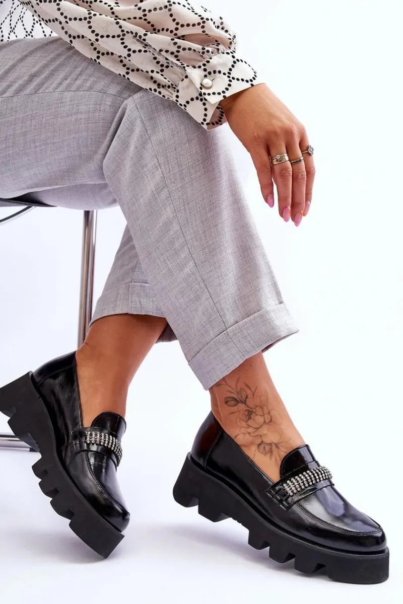 Loafersy Damskie|Mokasyny Płaskie>Laura Messi Modne Mokasyny Na Platformie Z Ozdobą 2600 Czarne