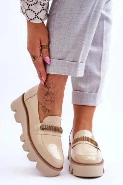 Loafersy Damskie|Mokasyny Płaskie>Laura Messi Modne Mokasyny Na Platformie Z Ozdobą 2600 Beżowe Beżowy