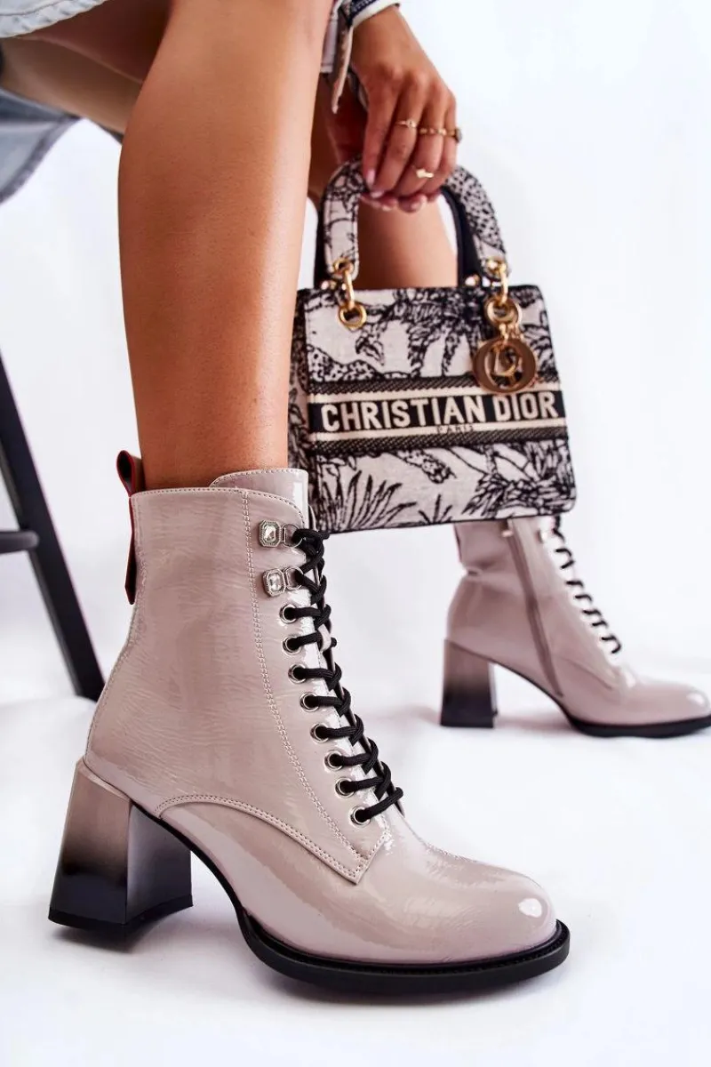 Clearance Modne Ocieplane Botki Na Obcasie Szare Alisse Damskie Botki Sznurowane|Botki Zimowe Damskie