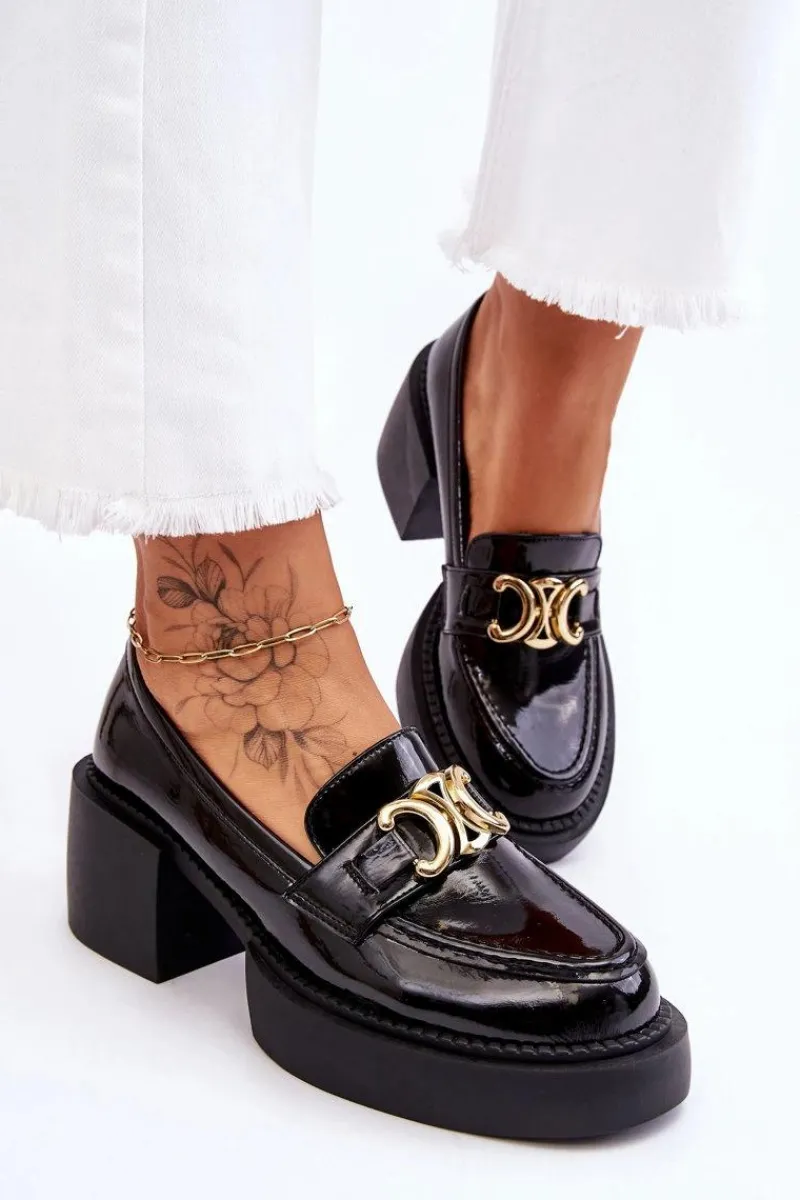 Mokasyny Damskie Lakierowane|Czółenka Na Słupku>Damskie buty S.Barski Modne Półbuty Czółenka Na Masywnym Obcasie Czarne Imani