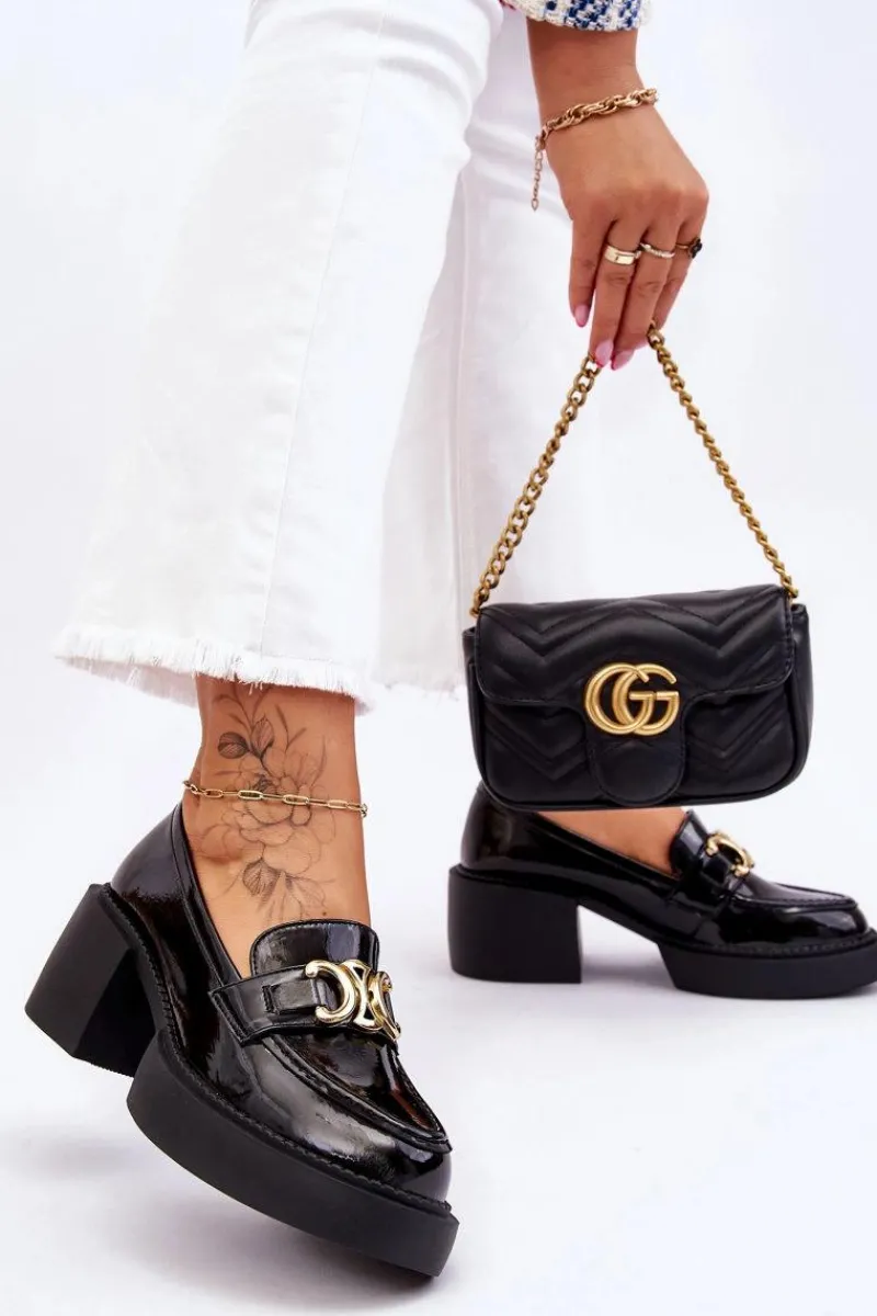 Mokasyny Damskie Lakierowane|Czółenka Na Słupku>Damskie buty S.Barski Modne Półbuty Czółenka Na Masywnym Obcasie Czarne Imani