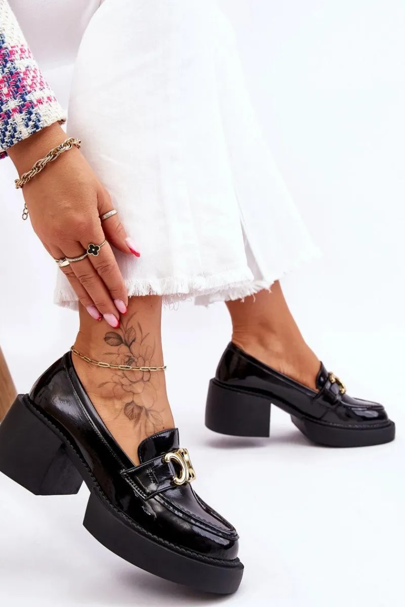 Mokasyny Damskie Lakierowane|Czółenka Na Słupku>Damskie buty S.Barski Modne Półbuty Czółenka Na Masywnym Obcasie Czarne Imani