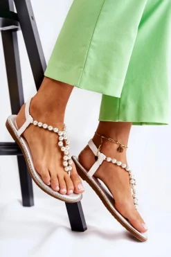 Sandały Płaskie>Boto Modne Sandały Japonki Z Perłami Białe Isalia