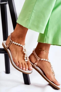 Best Boto Modne Sandały Japonki Z Perłami Różowe Złoto Isalia